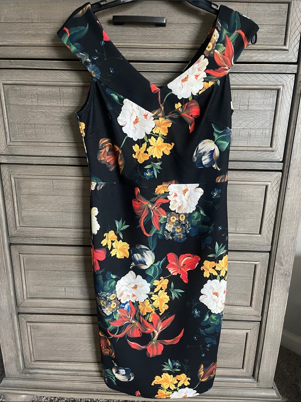 New York & Company Black Floral Midi Dress with Red, Yellow & White Blooms